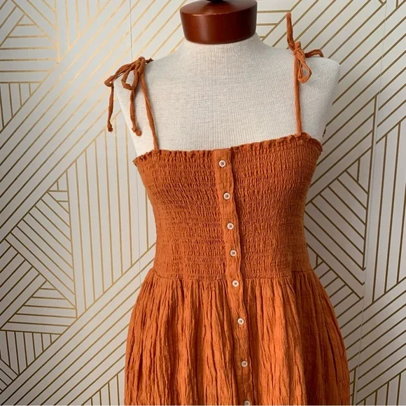 Aerie NWT Smocked Button front up Midi Dress crinkled cinched bow shoulder strap - Picture 3 of 9